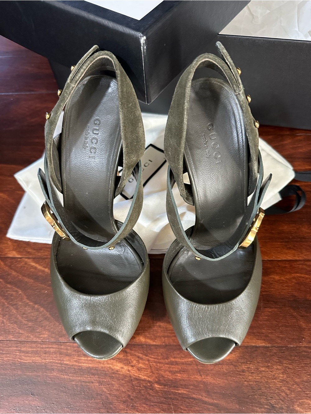 Gucci Olive Brown Leather Platform Sandals with Gold Double G - Picture 2 of 8